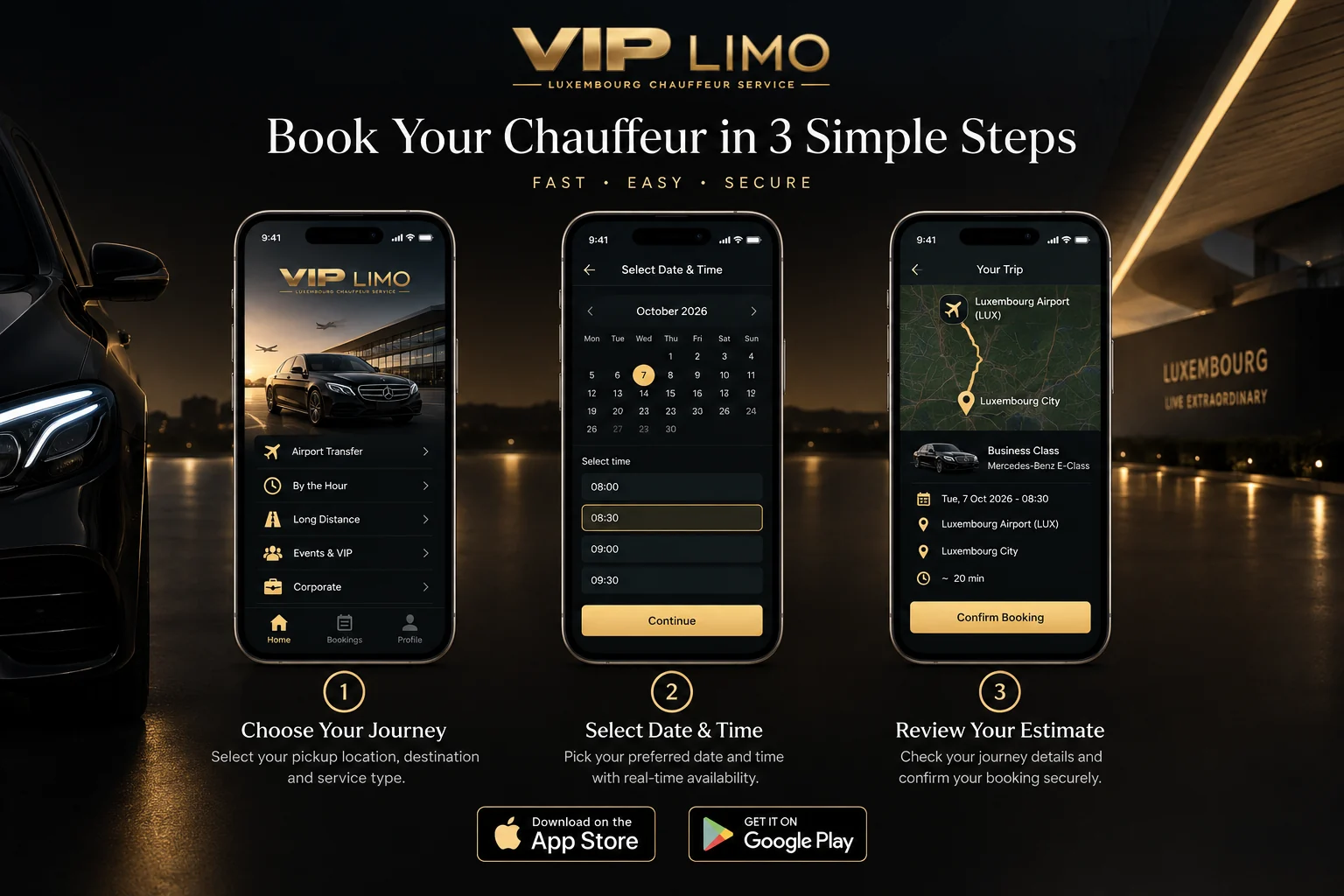 VIP Limo Luxembourg mobile app booking experience