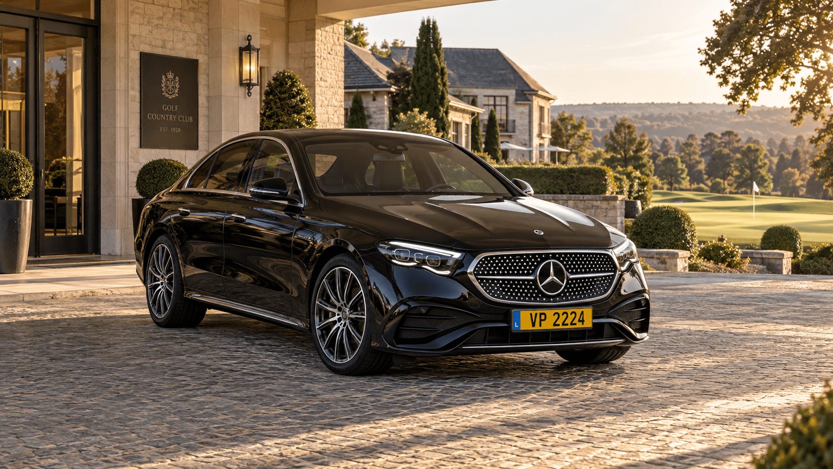 Mercedes E-Class outside a golf clubhouse