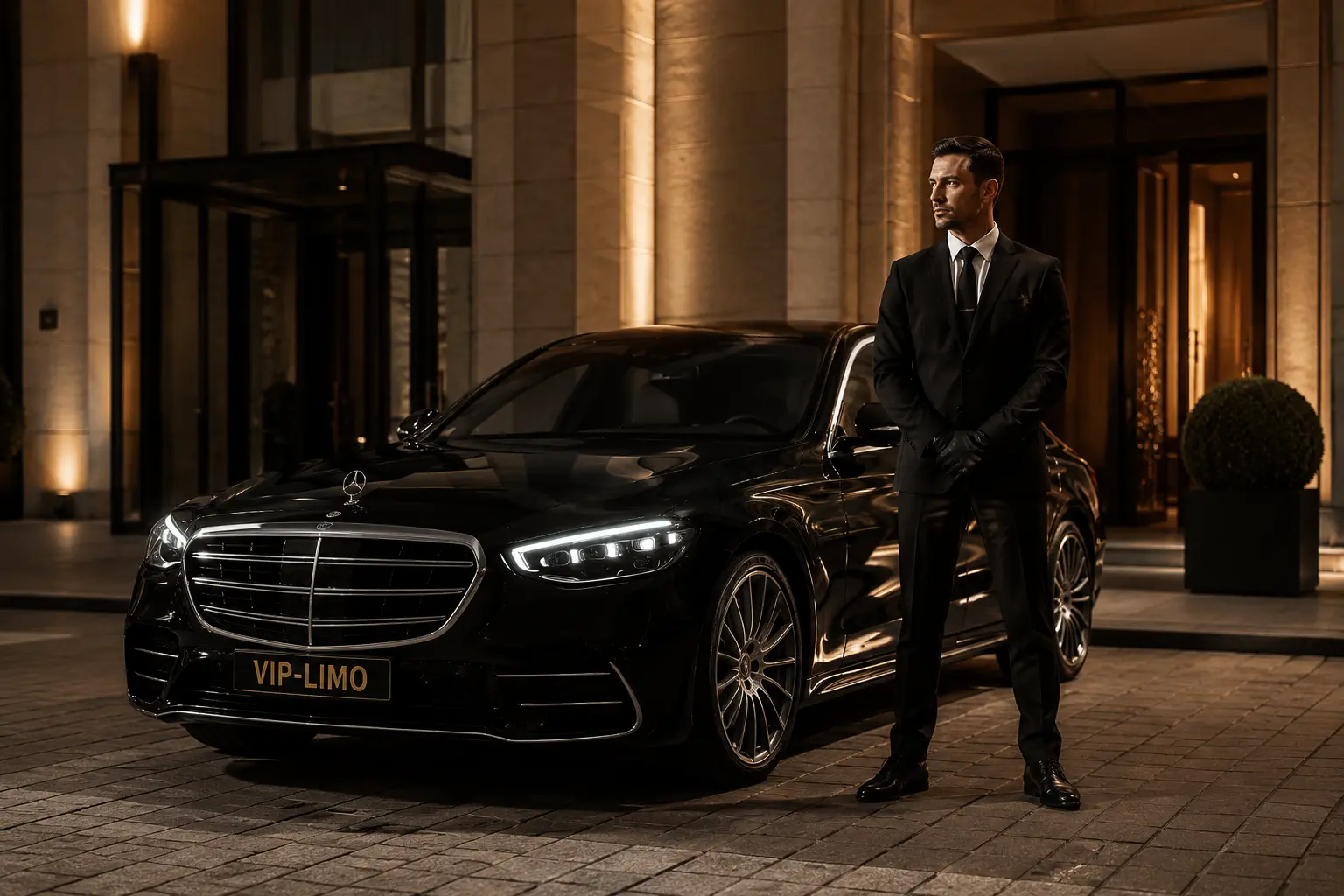 VIP Limo private chauffeur welcoming a client at a luxury hotel