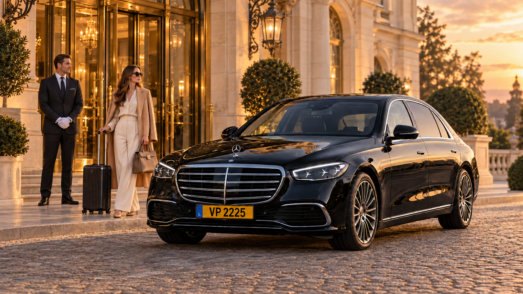 VIP Limo Mercedes S-Class with chauffeur outside a hotel