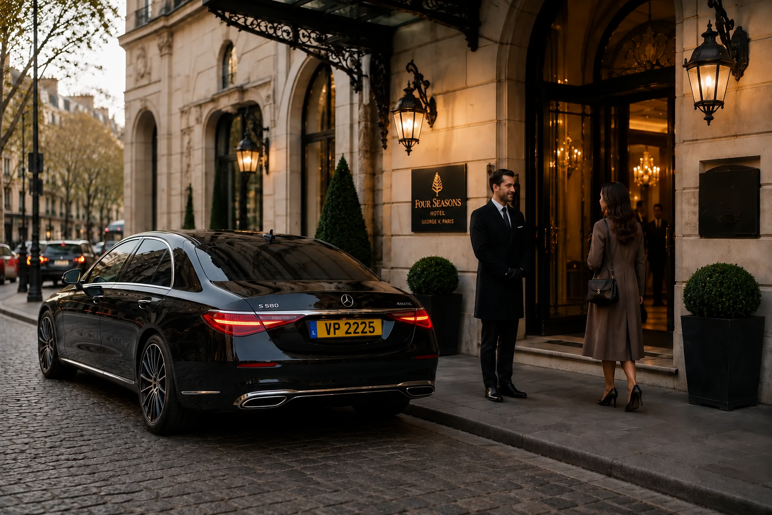 Chauffeur welcome outside a Paris hotel
